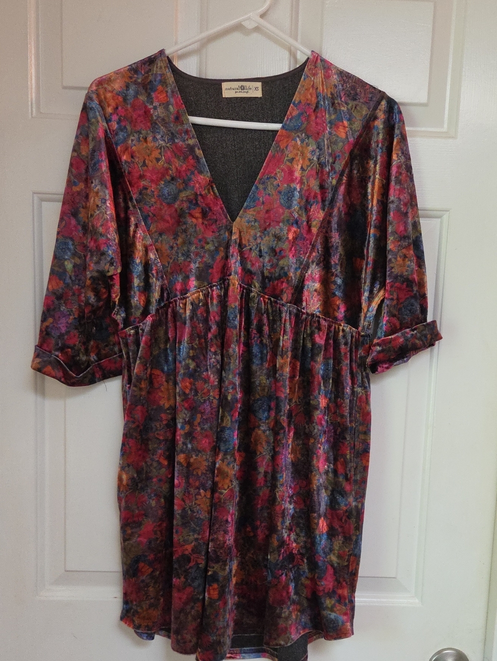 Natural Life Velvet Floral V-Neck Dress in Multicolor BOHO Velvet Dress